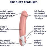 Image of the Satisfyer Vibes Master XXL G-Spot Vibrating Dildo by Satisfyer with labeled product features. This impressive personal massager features a realistic, extra-long silicone shaft, a convenient ring-shaped handle, 12 vibration settings, and a magnetic charging connection for effortless G-spot stimulation.
